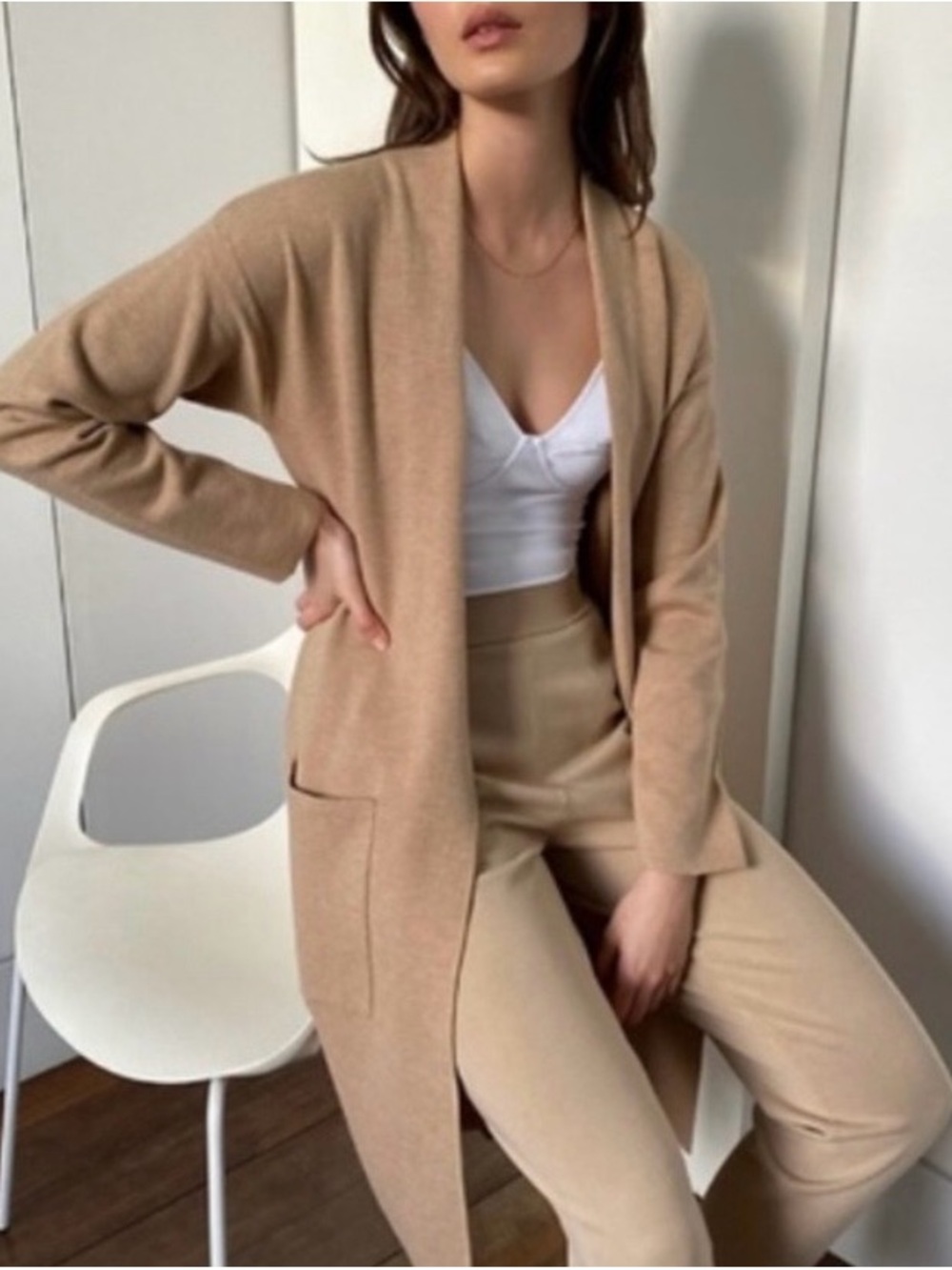 Babaton Aritzia Lance Wool Cardigan in Tan sz XS Long Duster Open Front